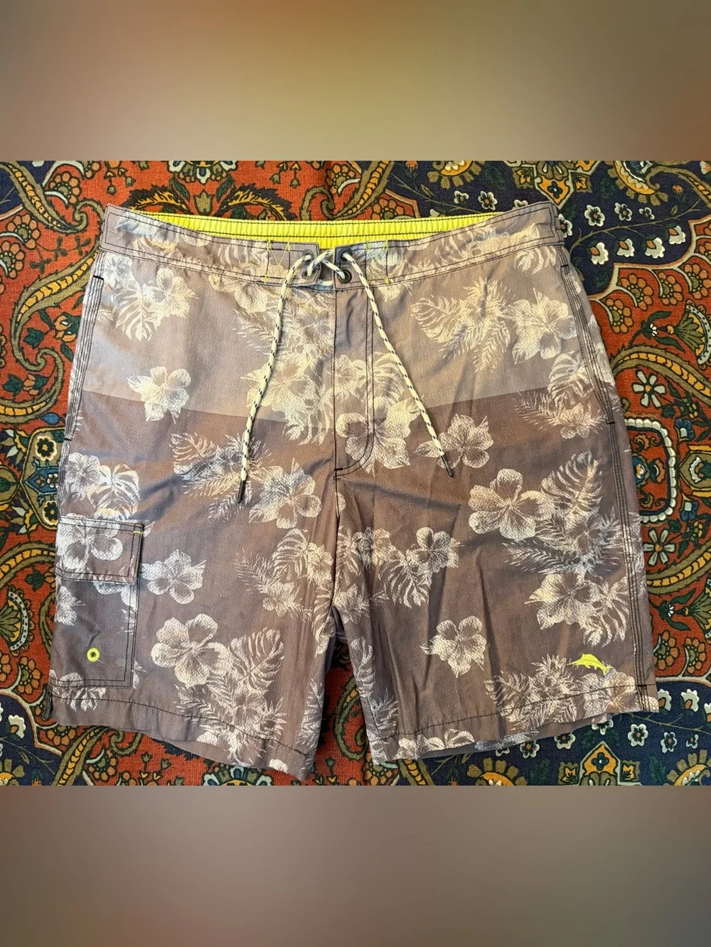 Tommy Bahama Gray Floral Swim Board Shorts with Lime Waistband
